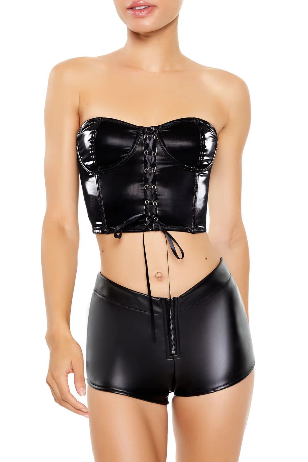 Faux Leather Lingerie Tube Top - BLACK / S
